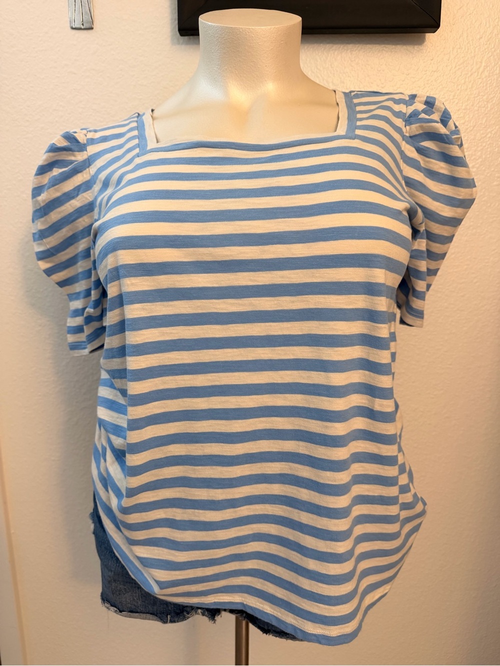 Ralph Lauren Light Blue and White Striped Square Neck Tee